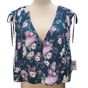 Torrid Floral Crop Top 4X Blue Purple Drawstring Shoulder V-Neck Rayon Plus NWT